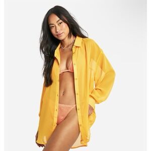 savage fenty Heavenly Satin Sleep Shirt Yellow Women's Sz XL  Long Sleeve Button